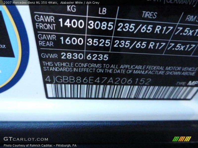 Alabaster White / Ash Grey 2007 Mercedes-Benz ML 350 4Matic