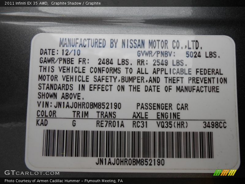 2011 EX 35 AWD Graphite Shadow Color Code KAD
