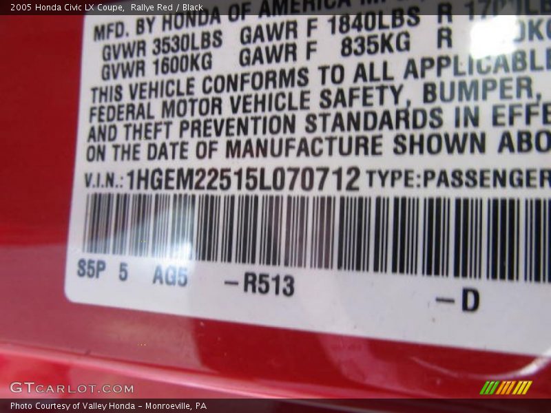 Rallye Red / Black 2005 Honda Civic LX Coupe
