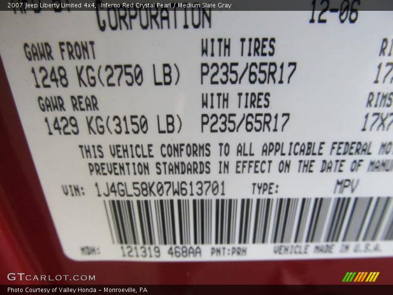 Inferno Red Crystal Pearl / Medium Slate Gray 2007 Jeep Liberty Limited 4x4