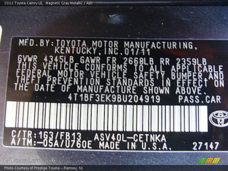 Magnetic Gray Metallic / Ash 2011 Toyota Camry LE