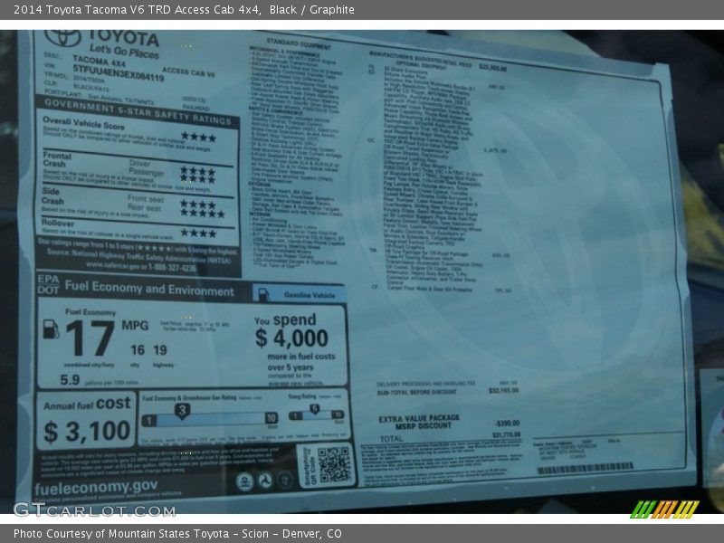  2014 Tacoma V6 TRD Access Cab 4x4 Window Sticker