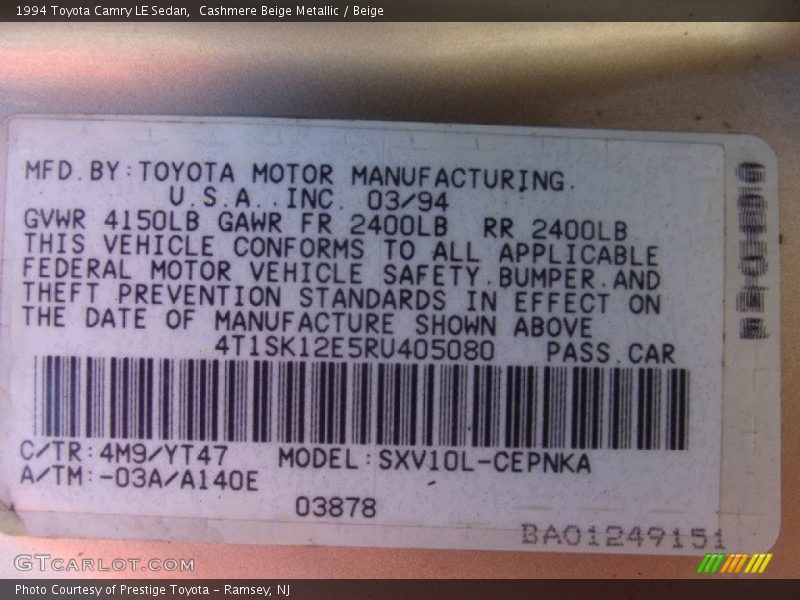 Cashmere Beige Metallic / Beige 1994 Toyota Camry LE Sedan