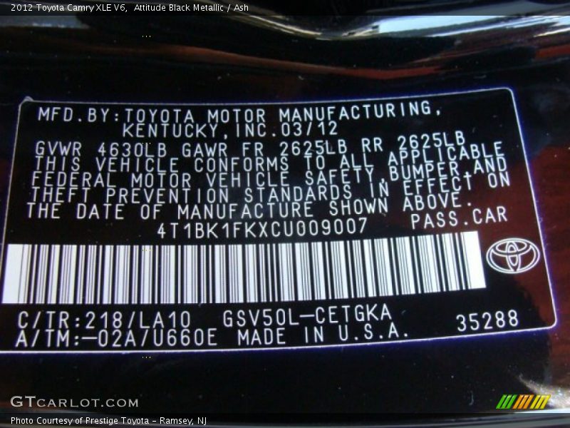 Attitude Black Metallic / Ash 2012 Toyota Camry XLE V6