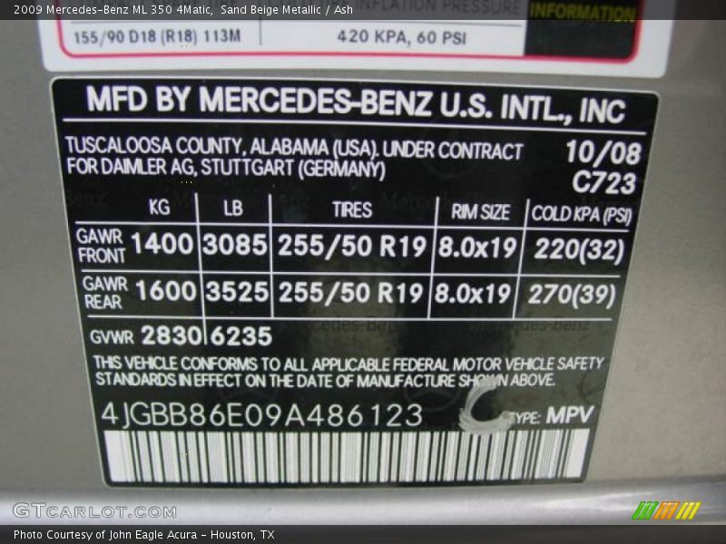 2009 ML 350 4Matic Sand Beige Metallic Color Code 723