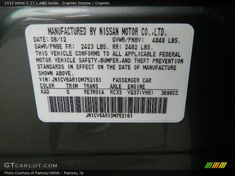 2013 G 37 x AWD Sedan Graphite Shadow Color Code KAD