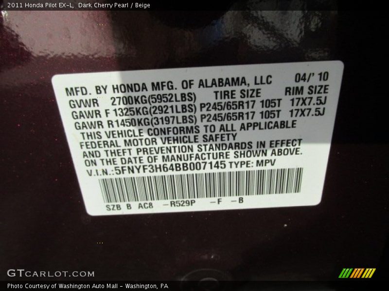 Dark Cherry Pearl / Beige 2011 Honda Pilot EX-L