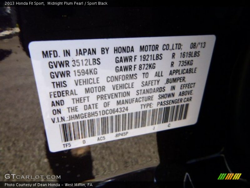 Midnight Plum Pearl / Sport Black 2013 Honda Fit Sport
