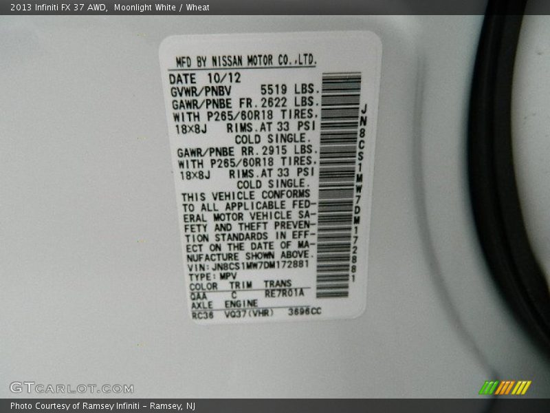 Moonlight White / Wheat 2013 Infiniti FX 37 AWD