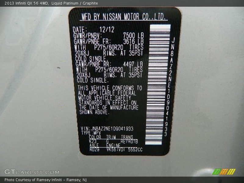 2013 QX 56 4WD Liquid Platinum Color Code K23