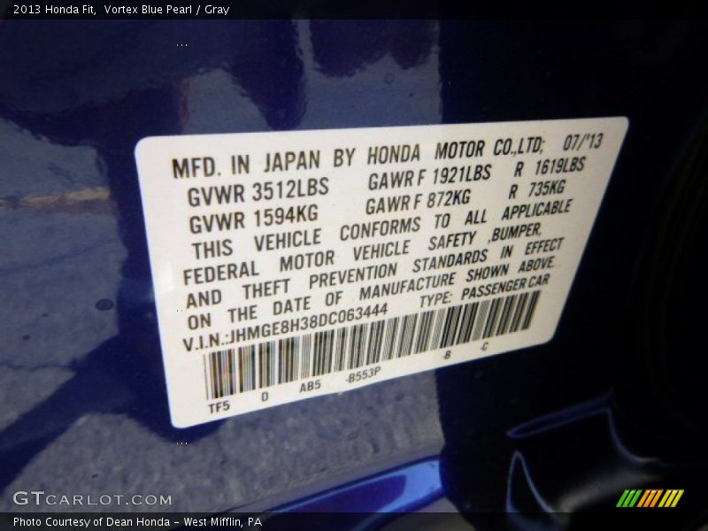 Vortex Blue Pearl / Gray 2013 Honda Fit