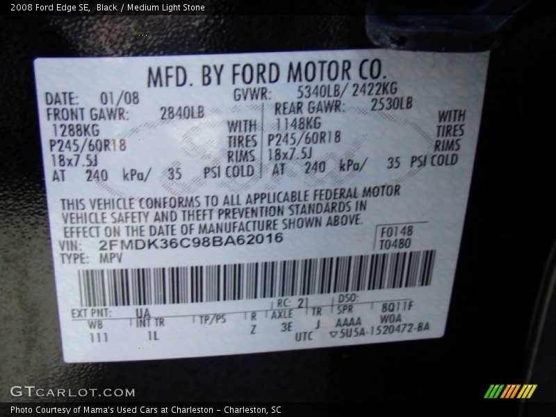 Black / Medium Light Stone 2008 Ford Edge SE
