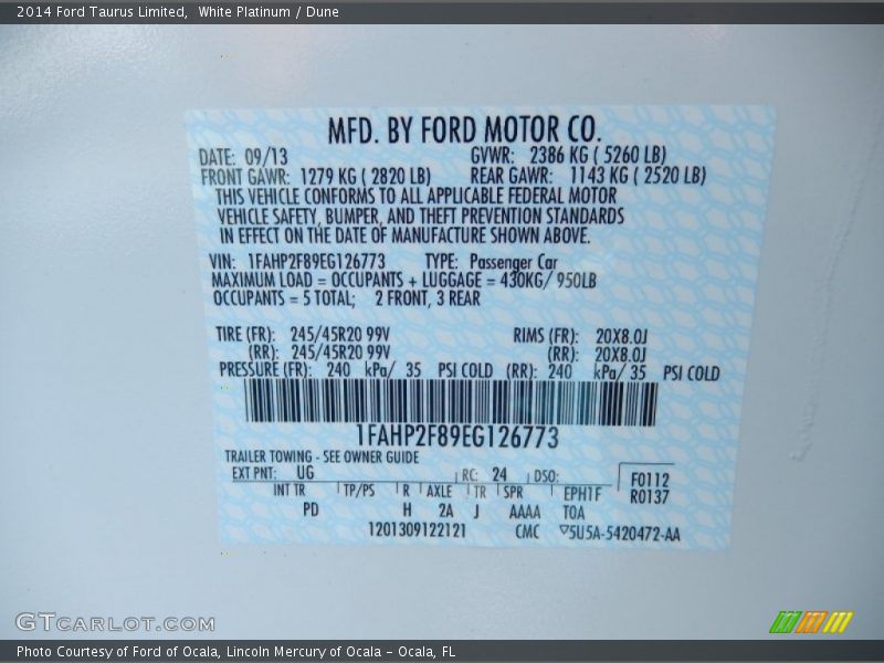 White Platinum / Dune 2014 Ford Taurus Limited