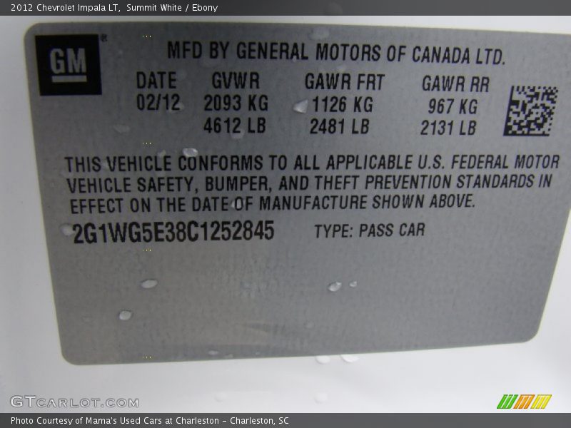 Summit White / Ebony 2012 Chevrolet Impala LT
