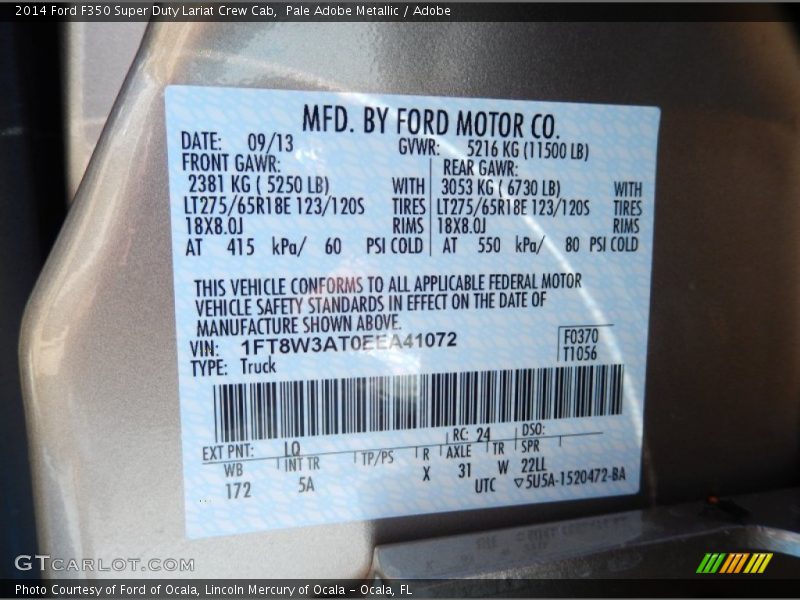 2014 F350 Super Duty Lariat Crew Cab Pale Adobe Metallic Color Code LQ