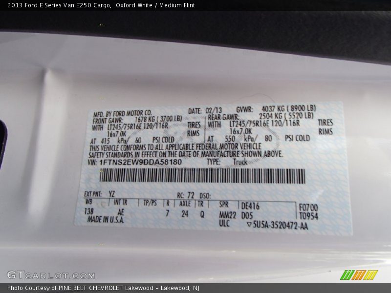 2013 E Series Van E250 Cargo Oxford White Color Code YZ