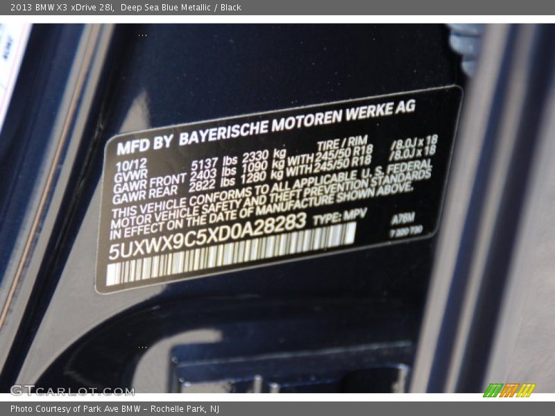 2013 X3 xDrive 28i Deep Sea Blue Metallic Color Code A76