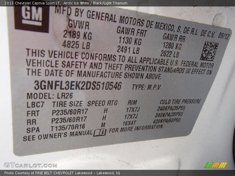 Info Tag of 2013 Captiva Sport LT