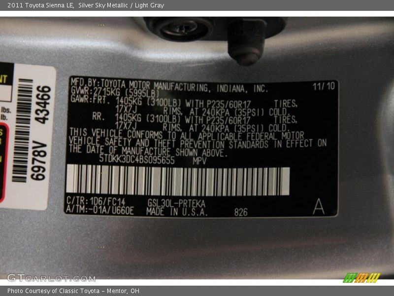 Silver Sky Metallic / Light Gray 2011 Toyota Sienna LE