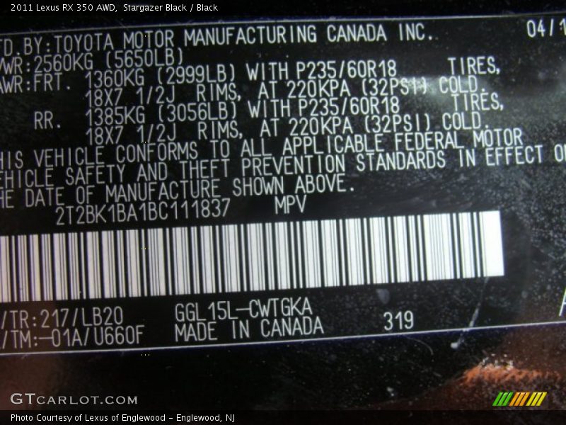 Stargazer Black / Black 2011 Lexus RX 350 AWD