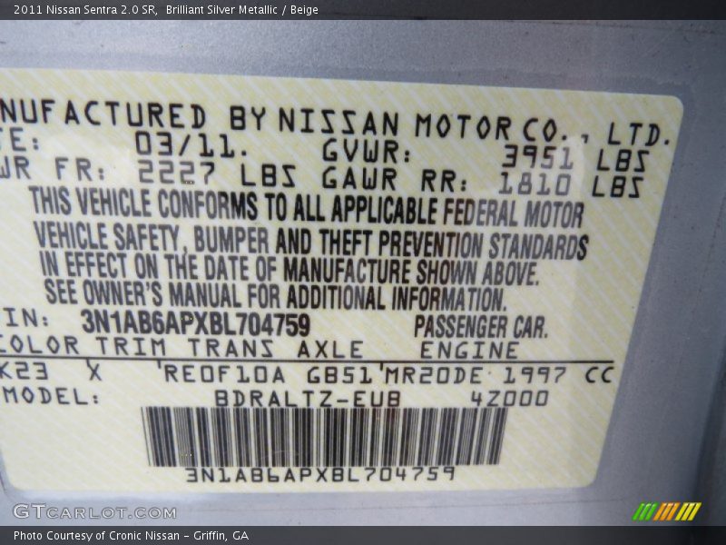Brilliant Silver Metallic / Beige 2011 Nissan Sentra 2.0 SR
