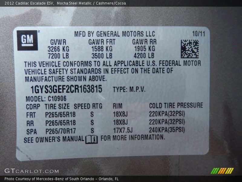 Info Tag of 2012 Escalade ESV