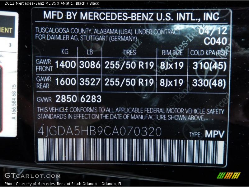 2012 ML 350 4Matic Black Color Code 040