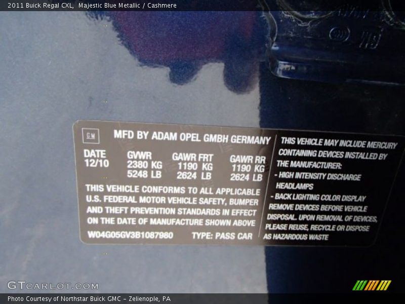 Info Tag of 2011 Regal CXL