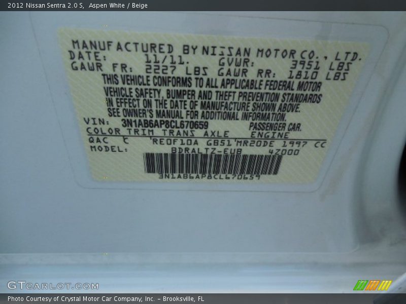 Aspen White / Beige 2012 Nissan Sentra 2.0 S
