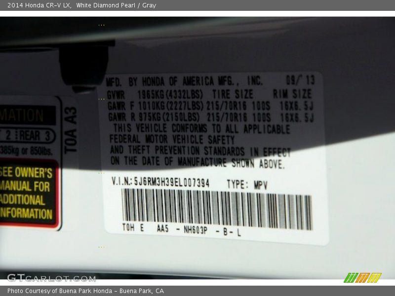 White Diamond Pearl / Gray 2014 Honda CR-V LX
