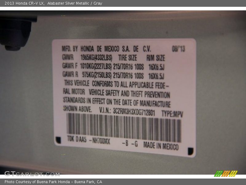 Alabaster Silver Metallic / Gray 2013 Honda CR-V LX