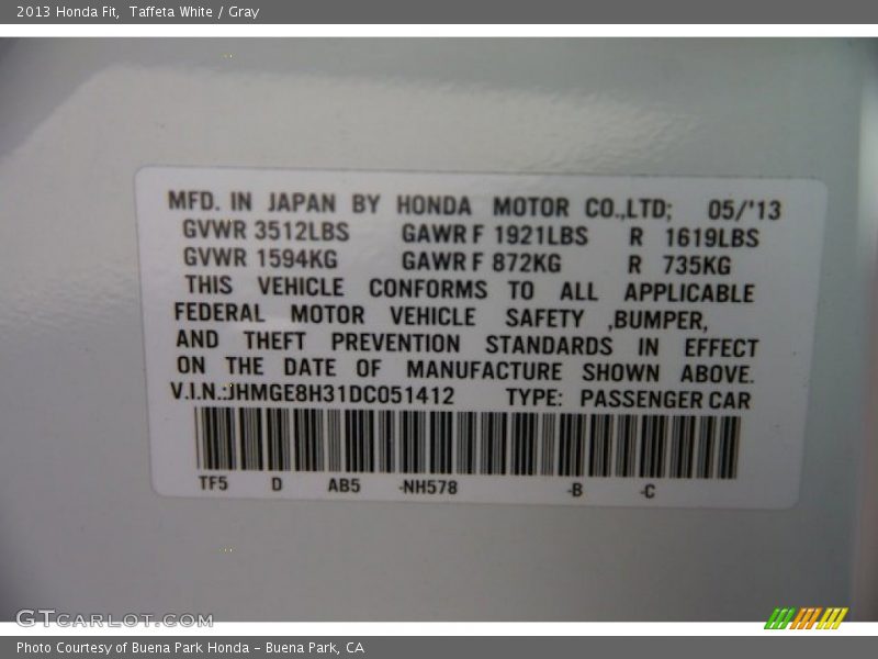 Taffeta White / Gray 2013 Honda Fit