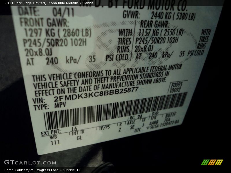 Kona Blue Metallic / Sienna 2011 Ford Edge Limited