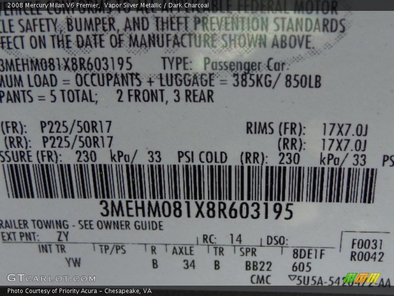 Vapor Silver Metallic / Dark Charcoal 2008 Mercury Milan V6 Premier