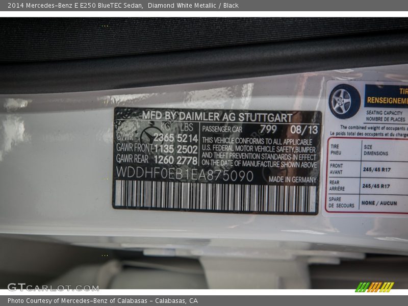 2014 E E250 BlueTEC Sedan Diamond White Metallic Color Code 799