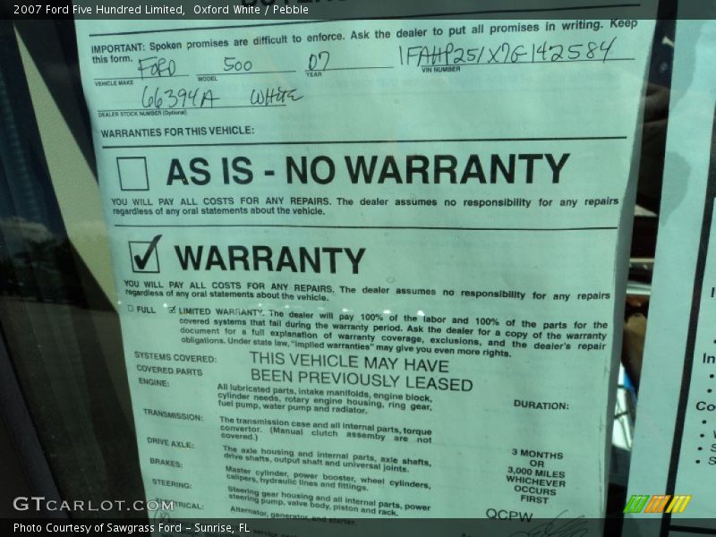 Oxford White / Pebble 2007 Ford Five Hundred Limited