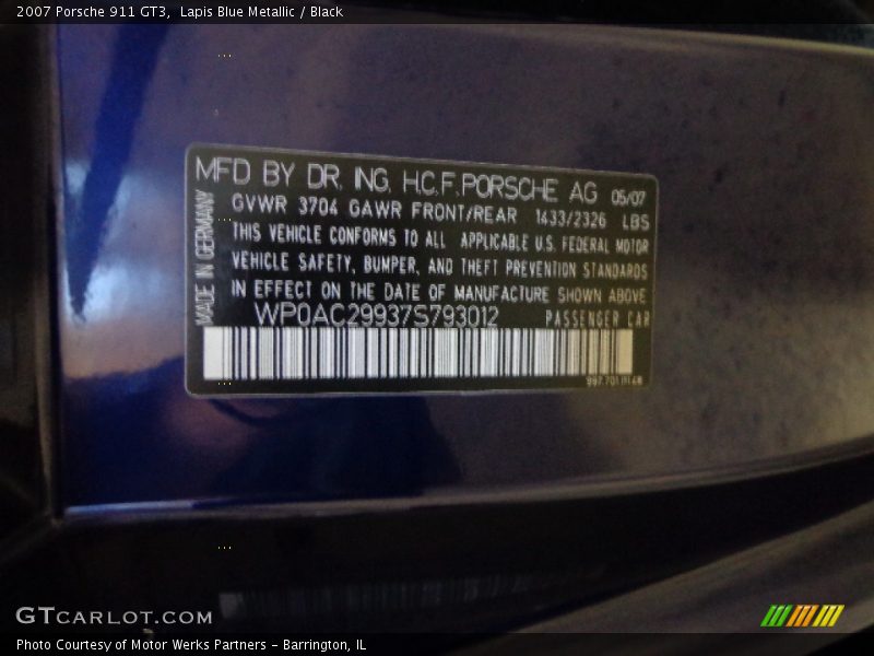 Lapis Blue Metallic / Black 2007 Porsche 911 GT3