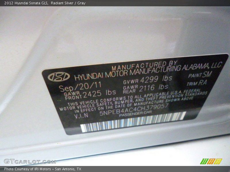 Radiant Silver / Gray 2012 Hyundai Sonata GLS