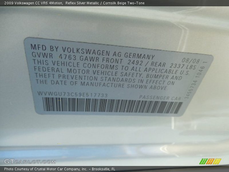 Reflex Silver Metallic / Cornsilk Beige Two-Tone 2009 Volkswagen CC VR6 4Motion