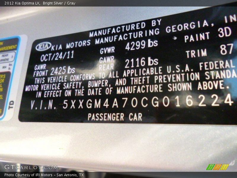 Bright Silver / Gray 2012 Kia Optima LX