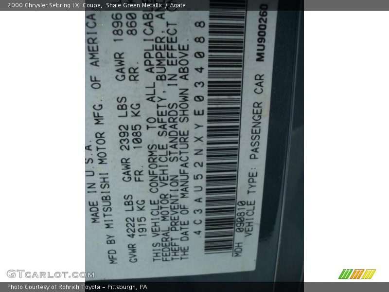 Shale Green Metallic / Agate 2000 Chrysler Sebring LXi Coupe