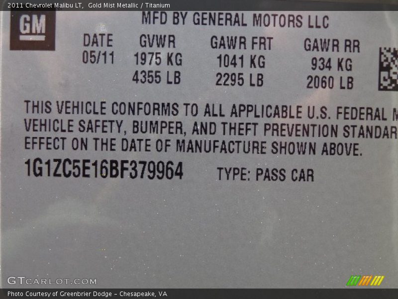 Gold Mist Metallic / Titanium 2011 Chevrolet Malibu LT
