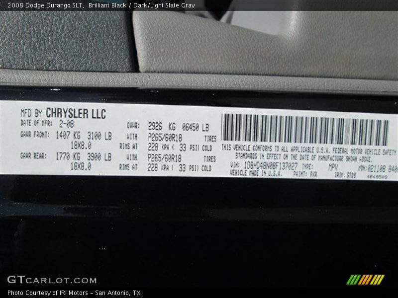 Brilliant Black / Dark/Light Slate Gray 2008 Dodge Durango SLT