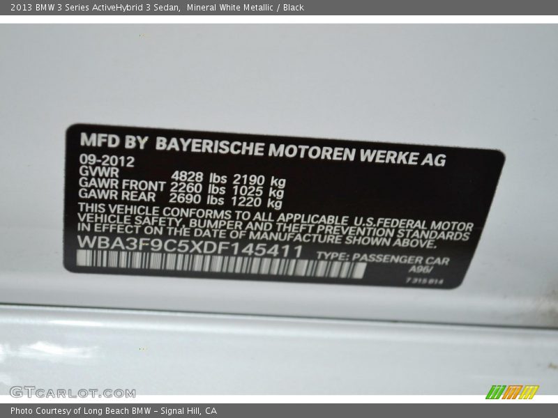 2013 3 Series ActiveHybrid 3 Sedan Mineral White Metallic Color Code A96