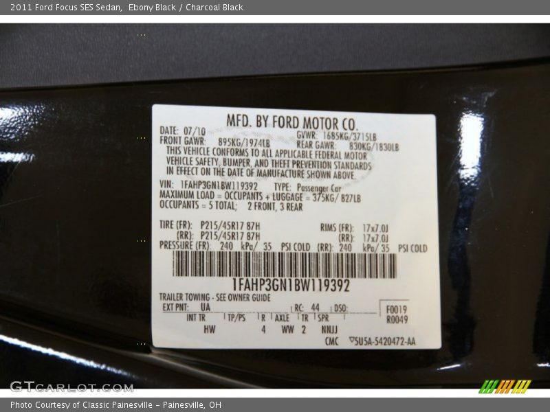Ebony Black / Charcoal Black 2011 Ford Focus SES Sedan