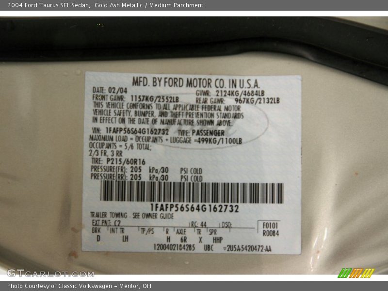 2004 Taurus SEL Sedan Gold Ash Metallic Color Code C2