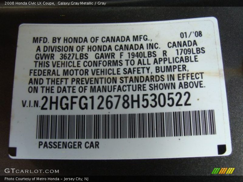 Galaxy Gray Metallic / Gray 2008 Honda Civic LX Coupe