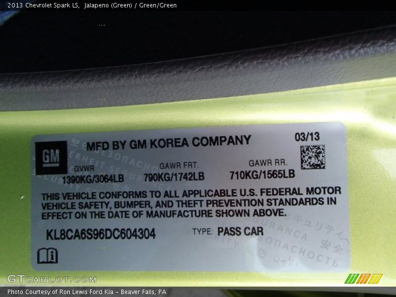 Info Tag of 2013 Spark LS
