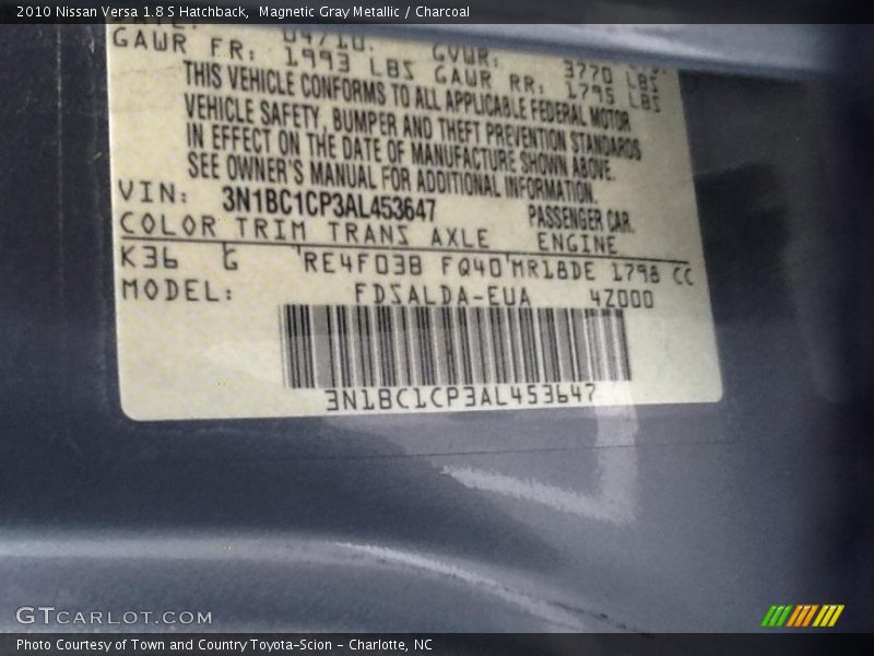 Magnetic Gray Metallic / Charcoal 2010 Nissan Versa 1.8 S Hatchback