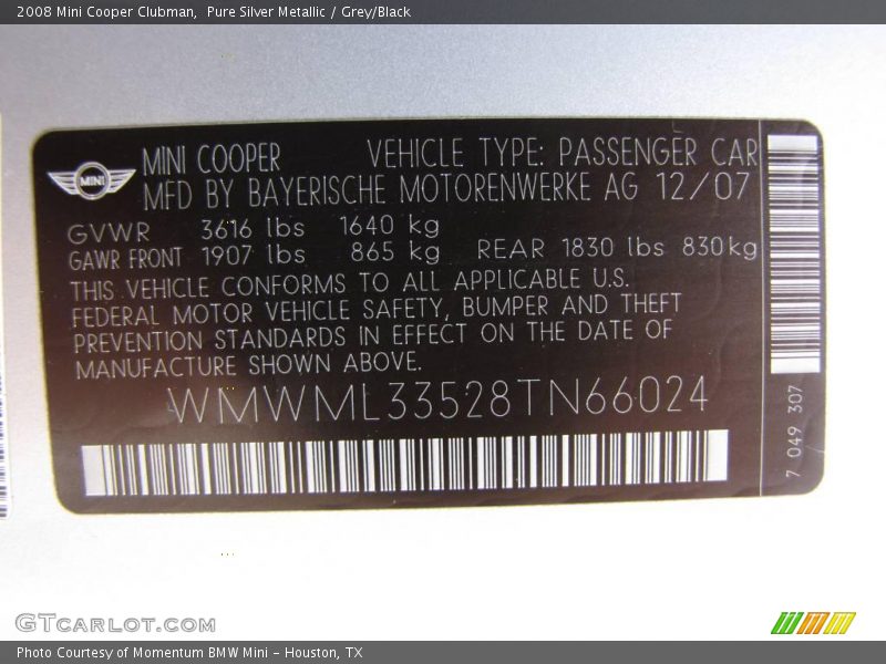 Pure Silver Metallic / Grey/Black 2008 Mini Cooper Clubman